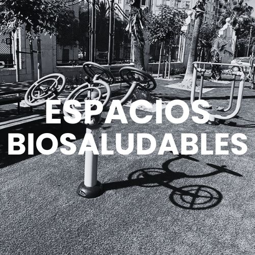 Espacio biosaludable con varios aparatos de ejercicio en blanco y negro