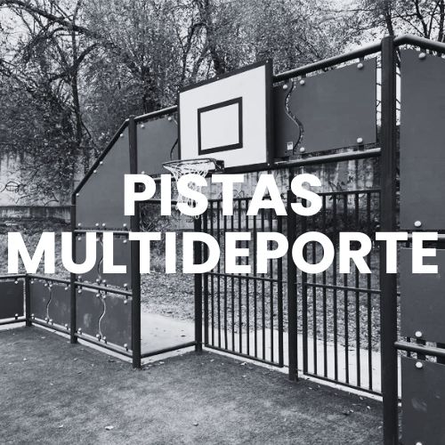 pista multideporte con canasta de baloncesto y portería en blanco y negro