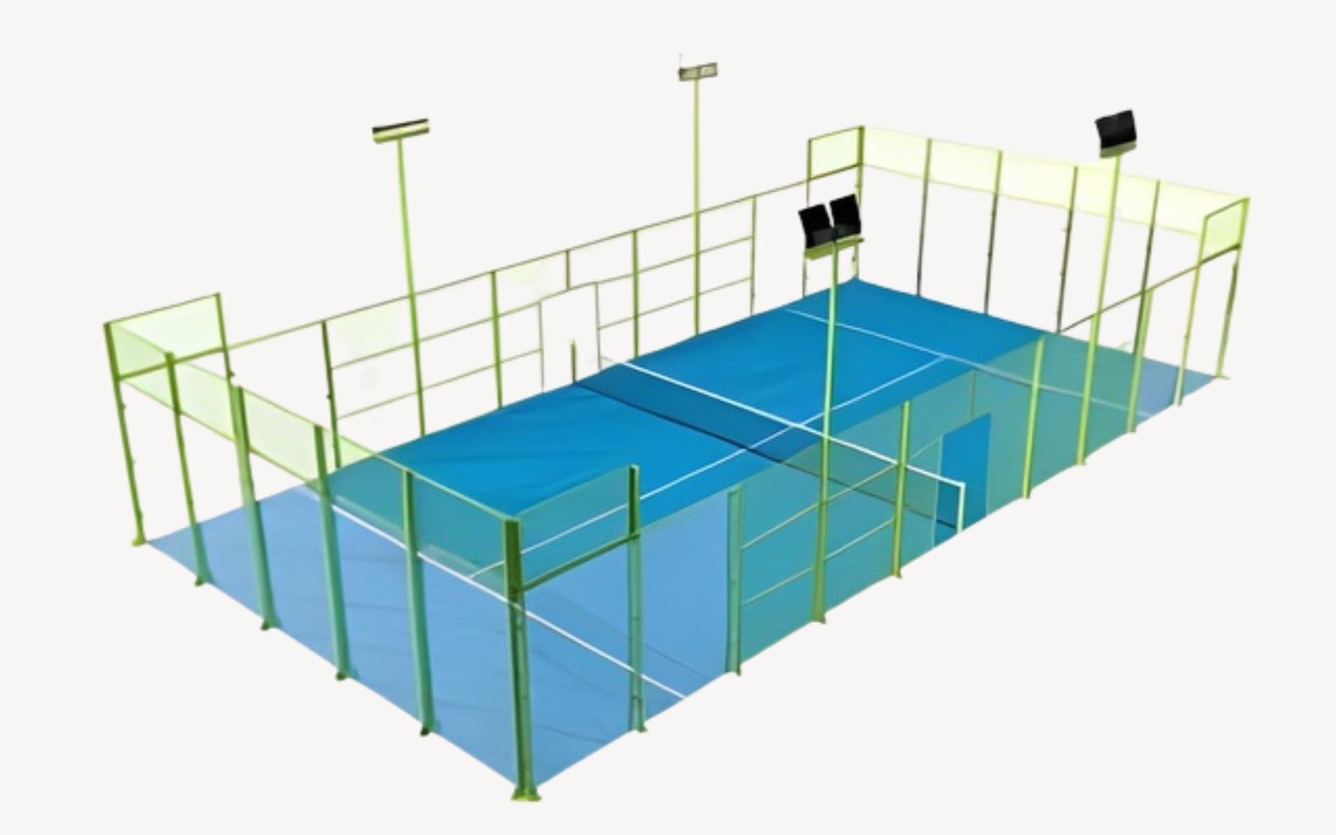 Ilustración de una pista de padel con cristales y postes