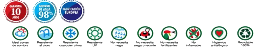 Iconos de garantías del césped artificial que fabricamos e instalamos