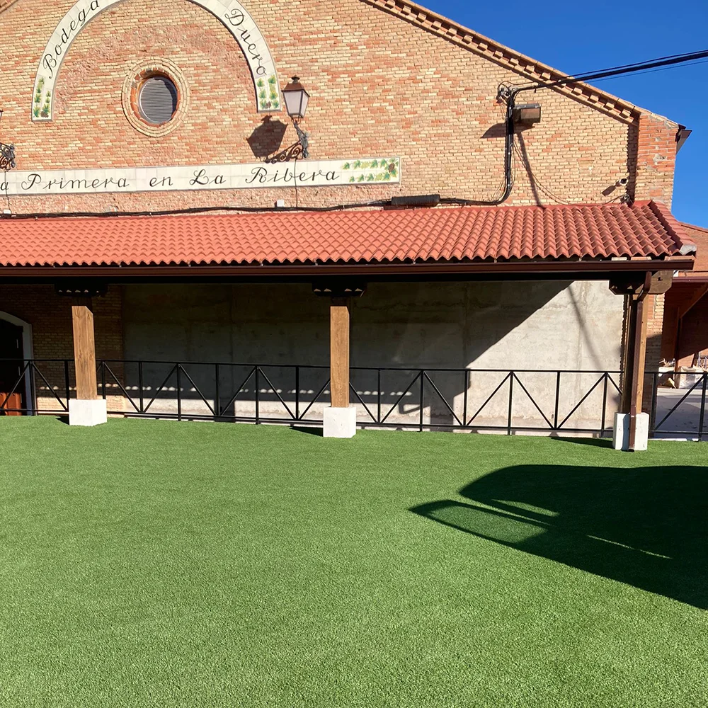 Parte exterior del edificio de una Bodega de Ribera de Duero con césped artificial decorativo