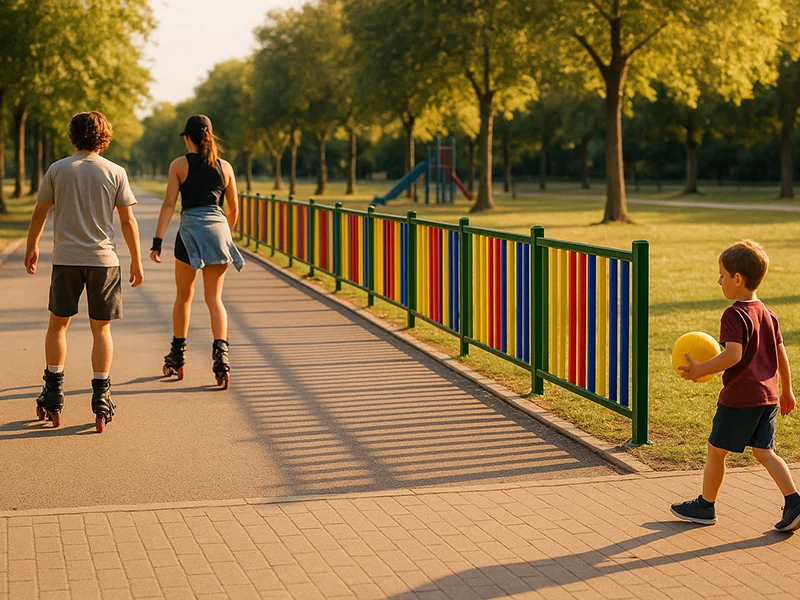 Una zona de parque con dos patinadores adultos y un niño con una pelota junto a una valla de colores