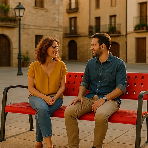 Una pareja sentada en uno de nuestros bancos en la plaza de un pueblo