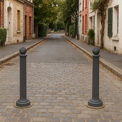 Una calle en donde hay dos bolardos o pilonas
