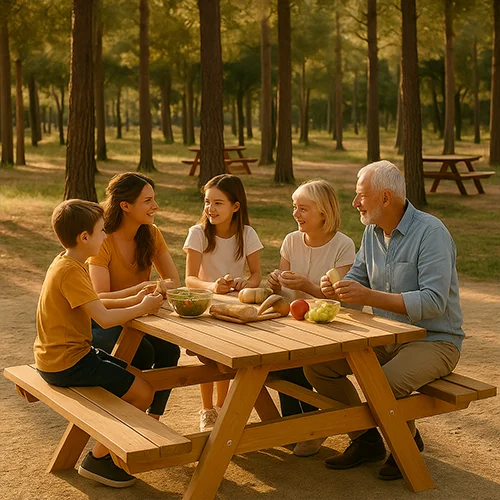 Una mesa de madera con bancos en un pinar y alrededor una familia comiendo