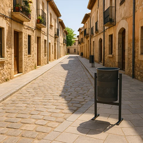 Una papelera en una calle de un pueblo