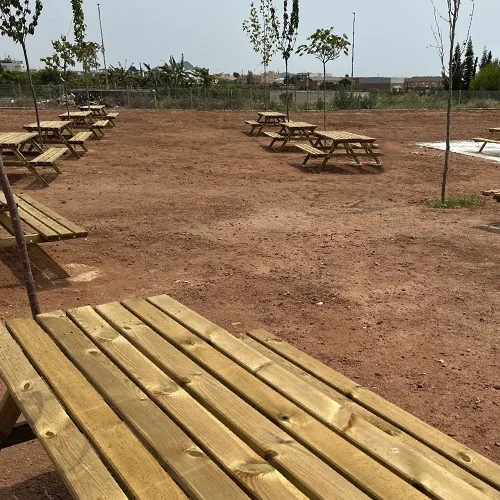 Madera para exteriores, mesas con bancos de camping