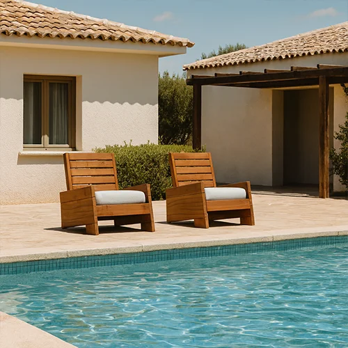 Mobiliario madera, sillas en una zona de piscina