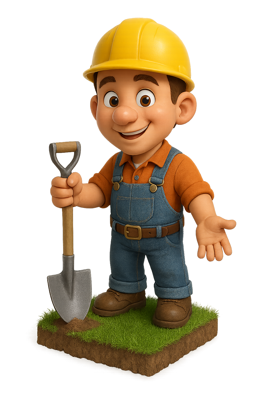 Personaje de un obrero con casco y una pala clavada en un pequeño terreno de césped
